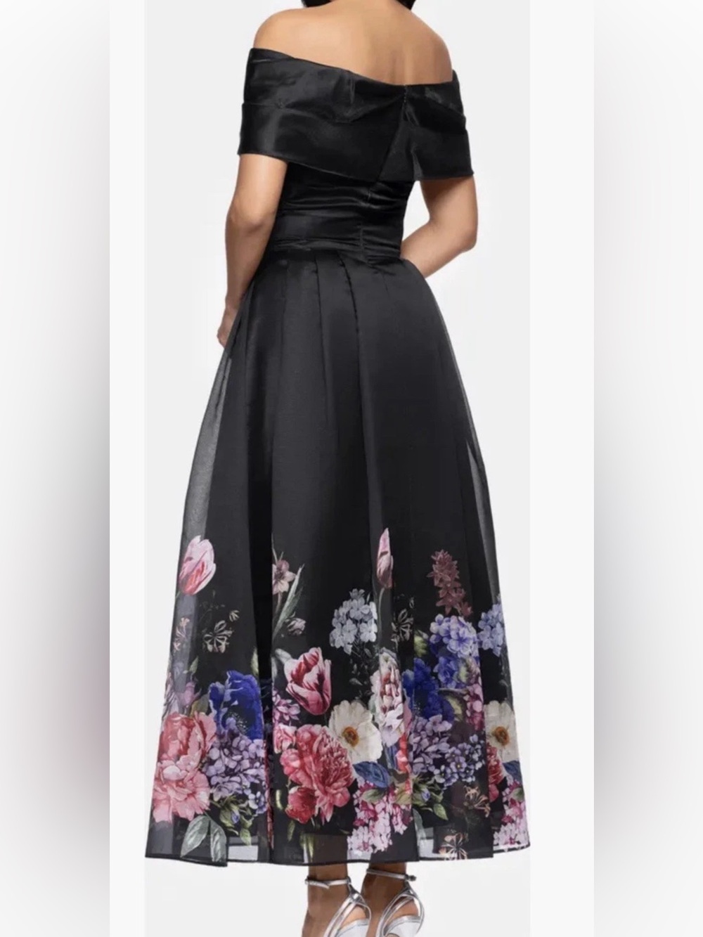 New Betsy & Adam Placed Floral Off the Shoulder Gown In Black/Red Size 4 $279 - Picture 2 of 10